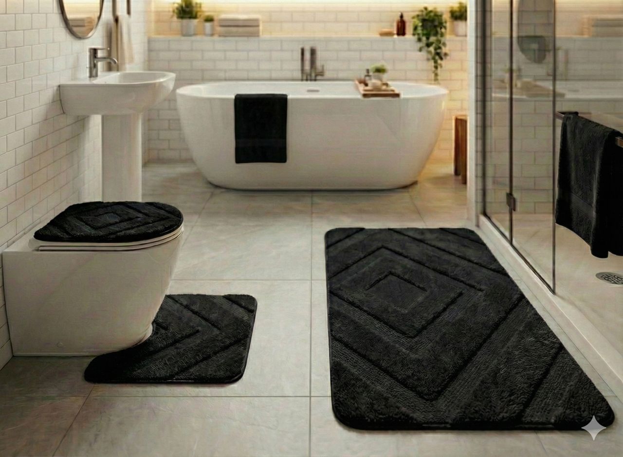 Ensemble Tapis de Bain & WC Design Géométrique - 3 Pièces (Antidérapant)
