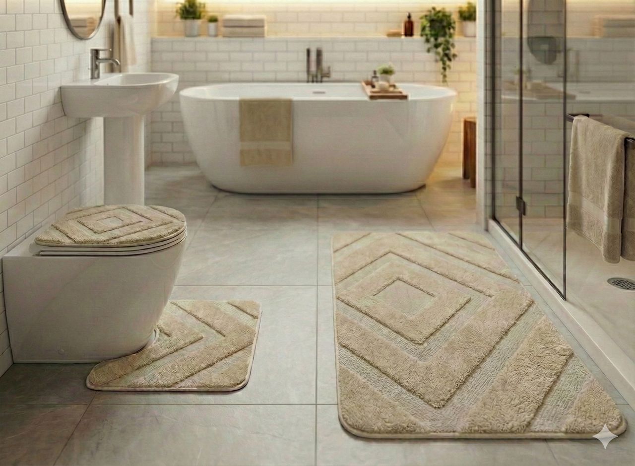 Ensemble Tapis de Bain & WC Design Géométrique - 3 Pièces (Antidérapant)