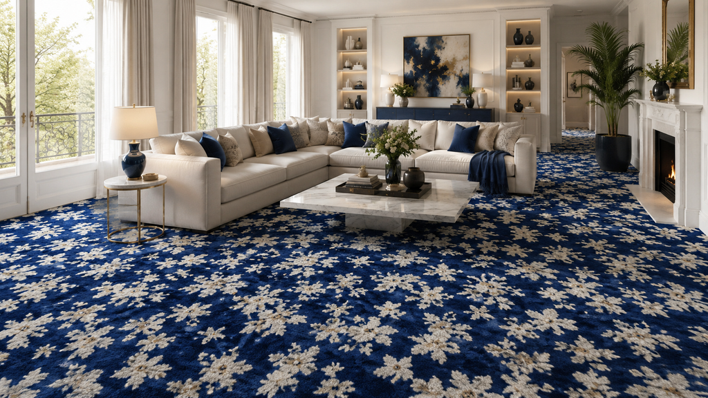 Aretha  fleurs bleu– Moquette de Luxe au Design Organique